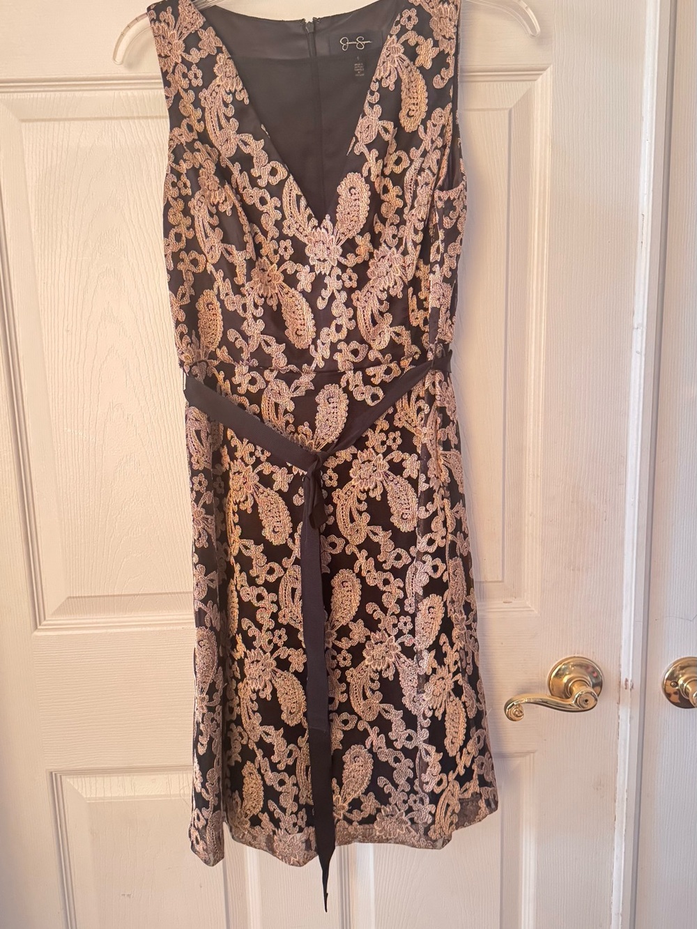 Jessica Simpson Black & Gold Embroidered Paisley Fit & Flare Dress Size 6
